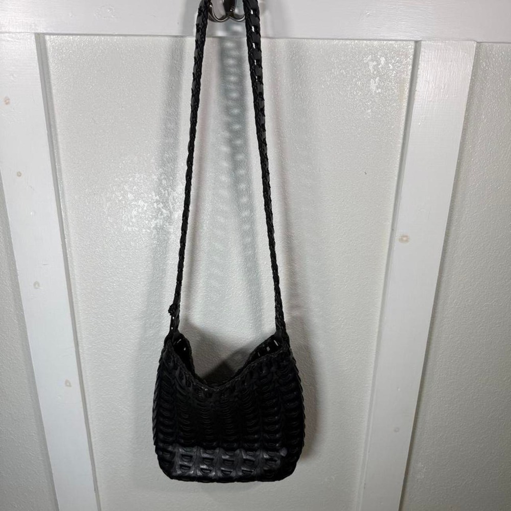 Black woven leather shoulder bag with strap